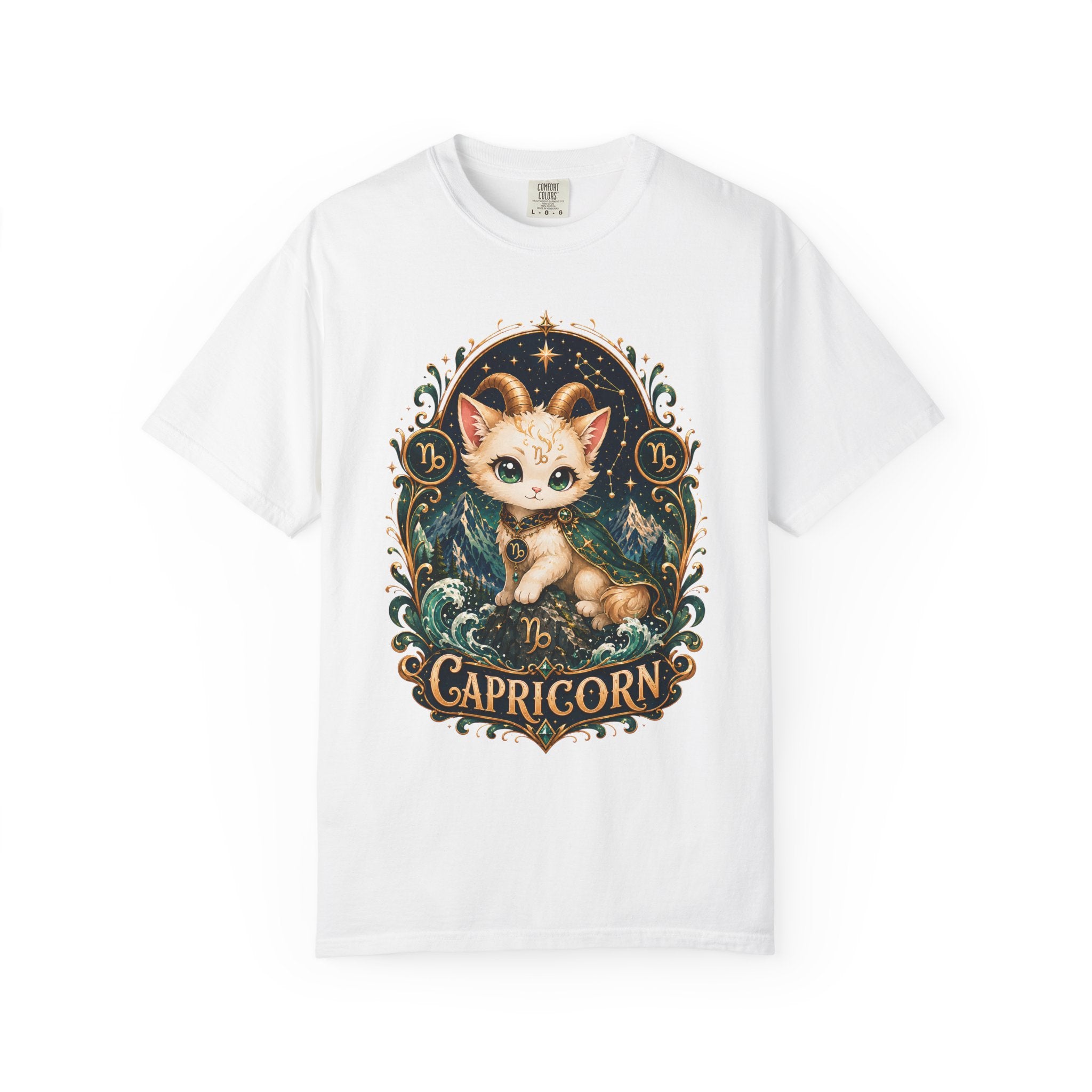 Capricorn Cat Illustration T-Shirt | Zodiac Kitty Graphic Tee