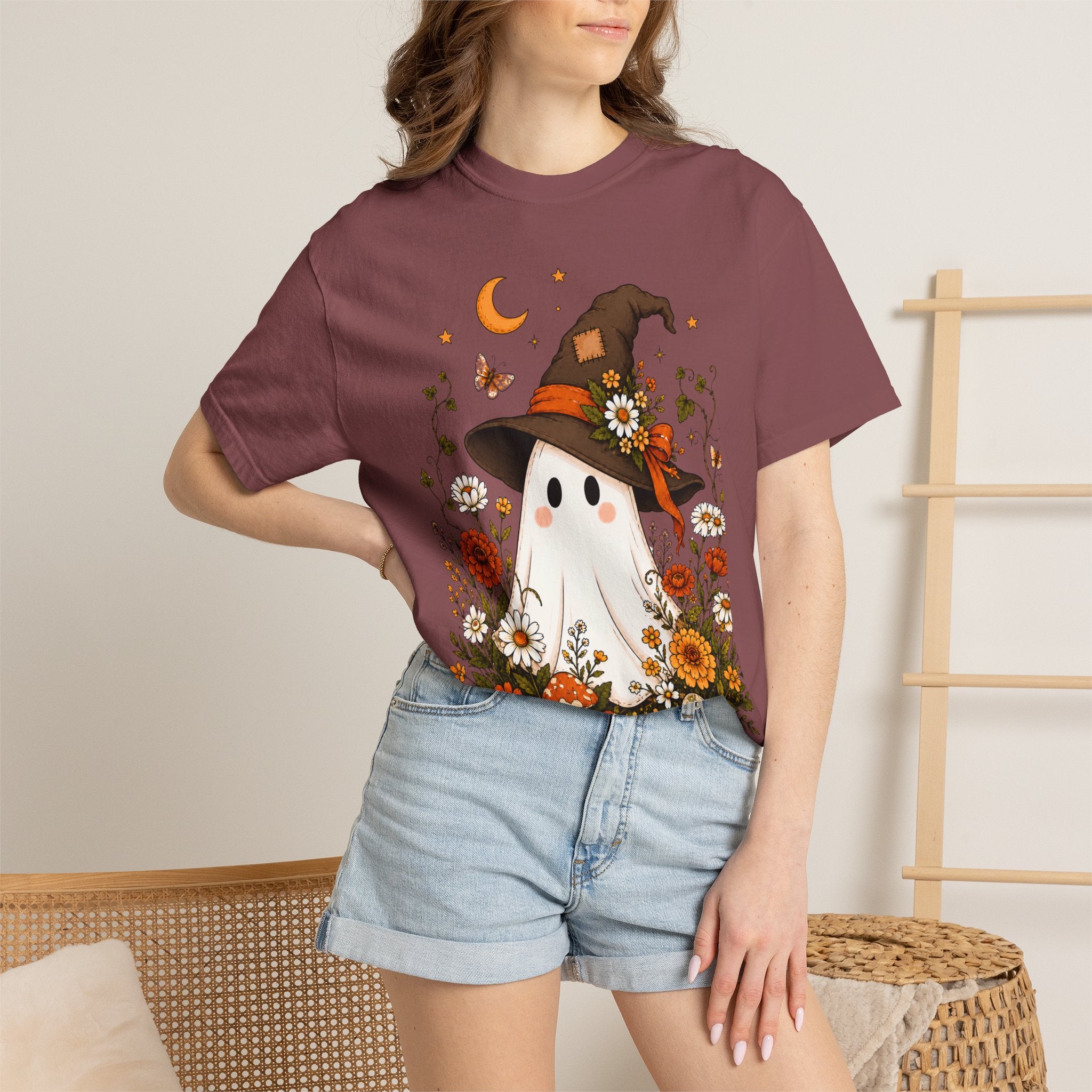 Cute Ghost Halloween Shirt, Cottagecore Ghost Tee, WItch Hat Ghost Shirt, Fall Wildflower Shirt, Spooky Season Comfort Colors Tee