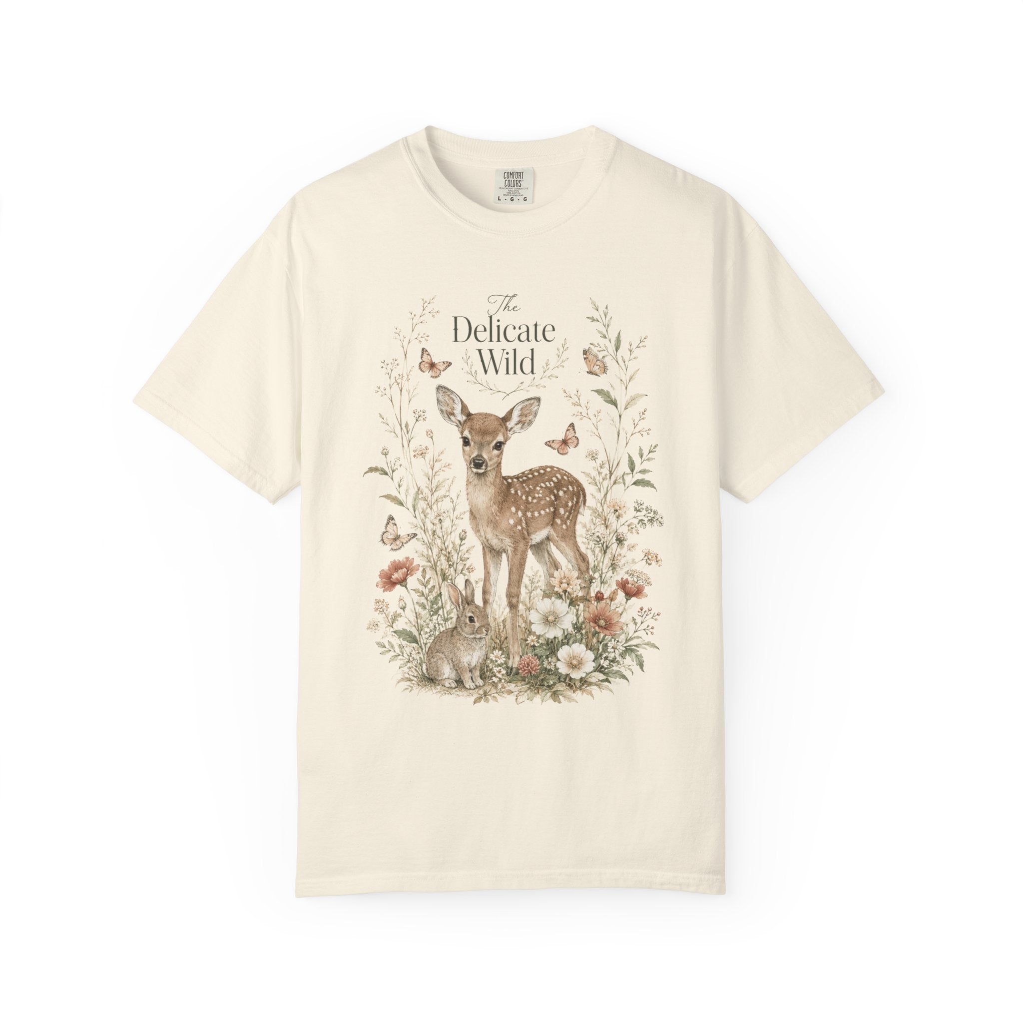 The Delicate Wild Shirt, Fawn Rabbit Butterfly Tee Woodland Animal Shirt, Cottagecore Nature Shirt, Soft Floral Graphic Tee, Boho Wildlife T