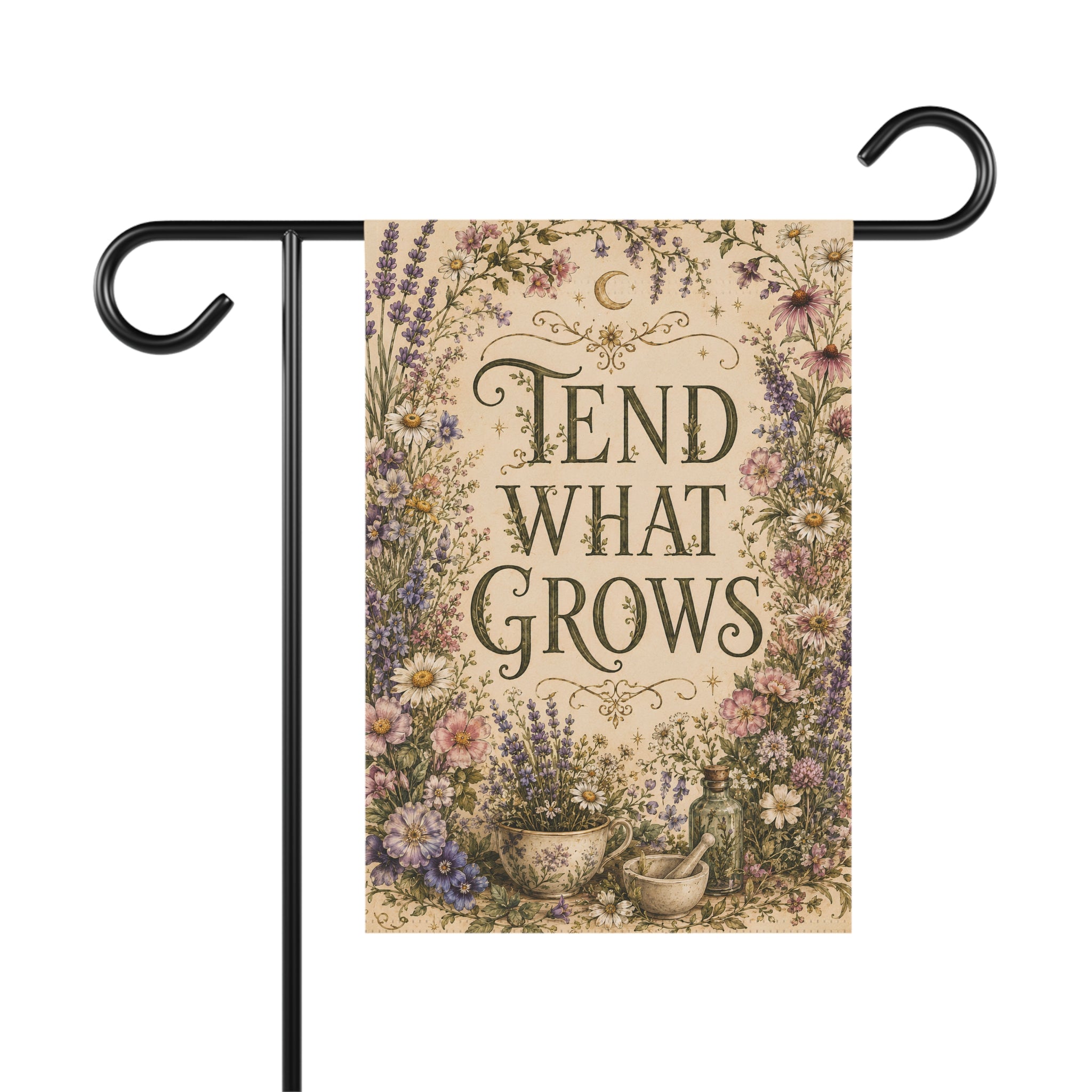 Tend What Grows Garden Flag, Cottagecore Garden Decor, Herbal Apothecary Flag, Botanical Yard Flag, Floral Spring Garden Flag