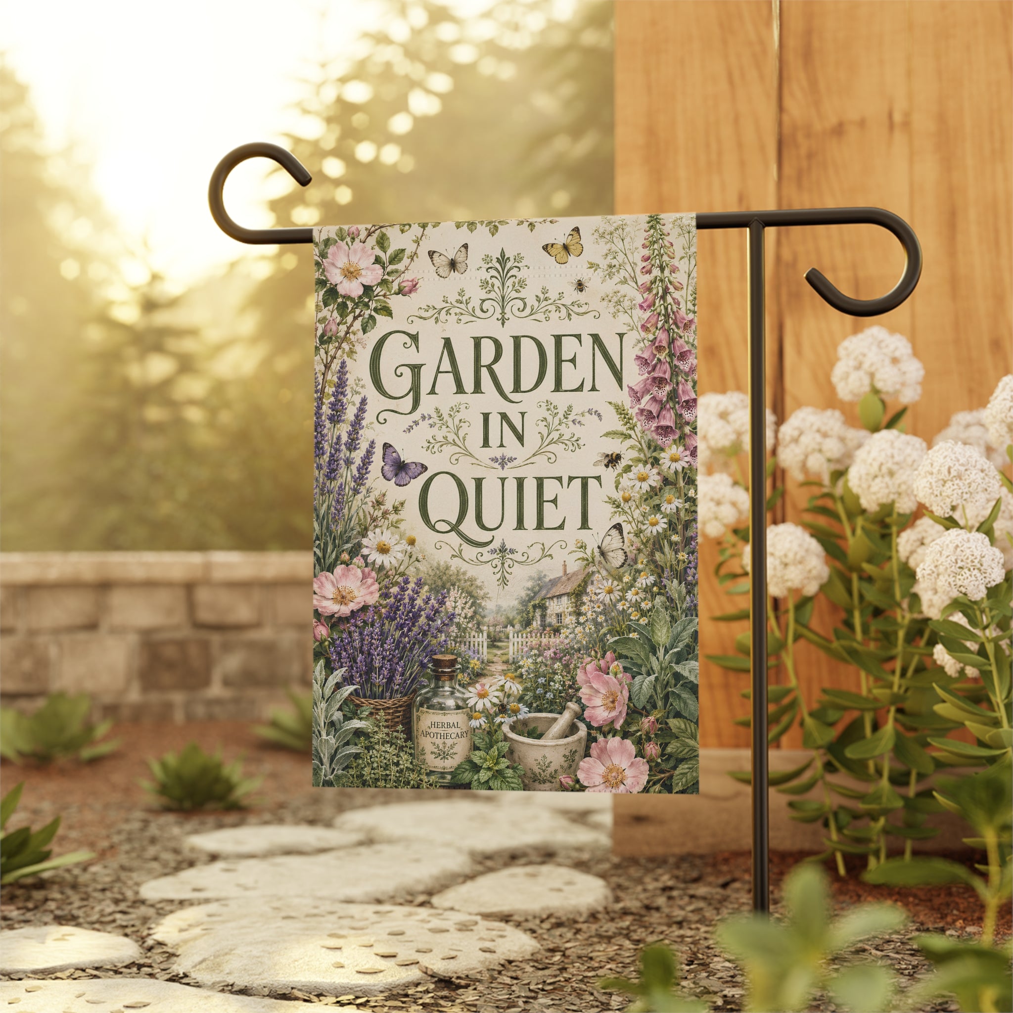 Garden in Quiet Garden Flag, Cottagecore Garden Decor, Herbal Apothecary Flag, Botanical Yard Flag, Floral Outdoor Flag