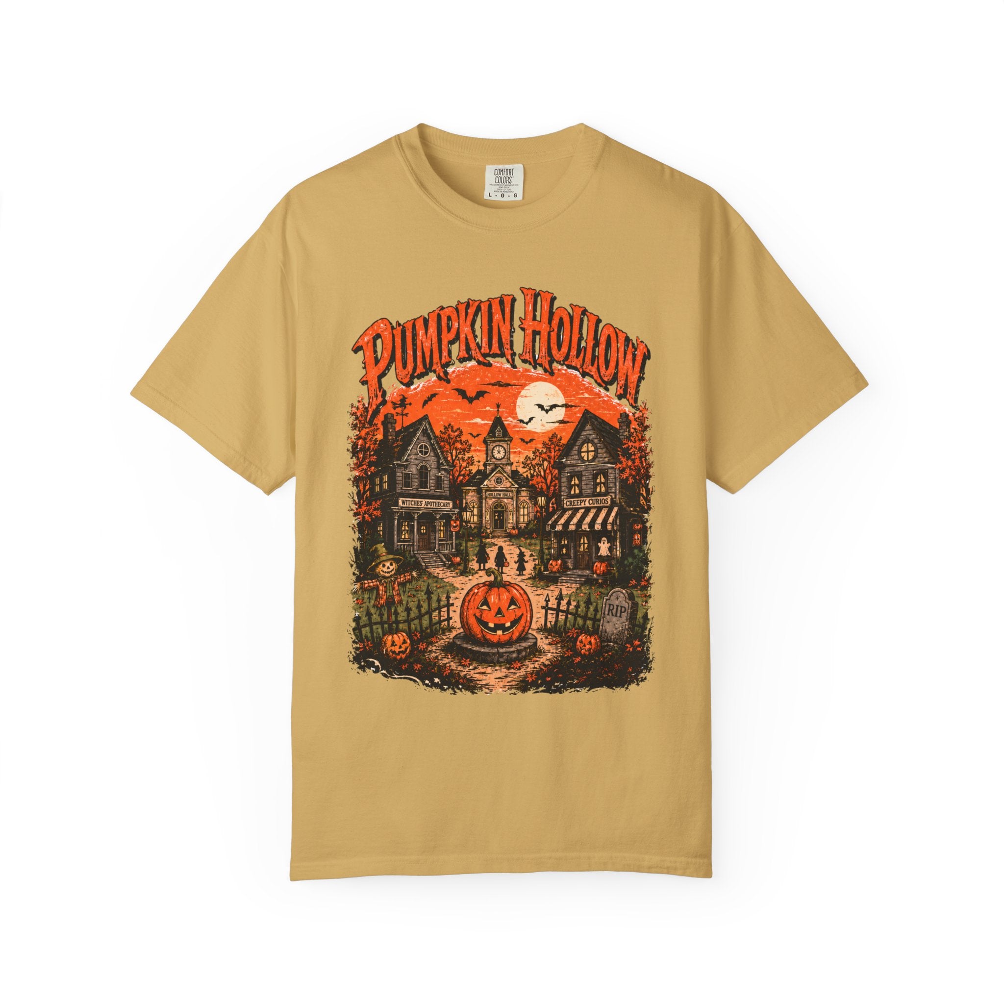 Pumpkin Hollow Halloween scene T-shirt | Vintage haunted village design