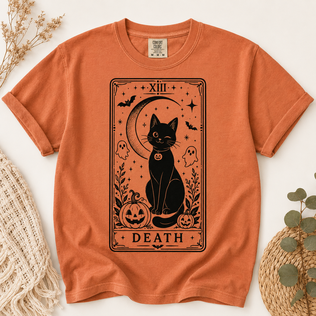 Halloween Black Cat Tarot Shirt, Death Card Cat Tee, Spooky Cat Shirt, Witchy Halloween Tee, Gothic Cat Lover Gift