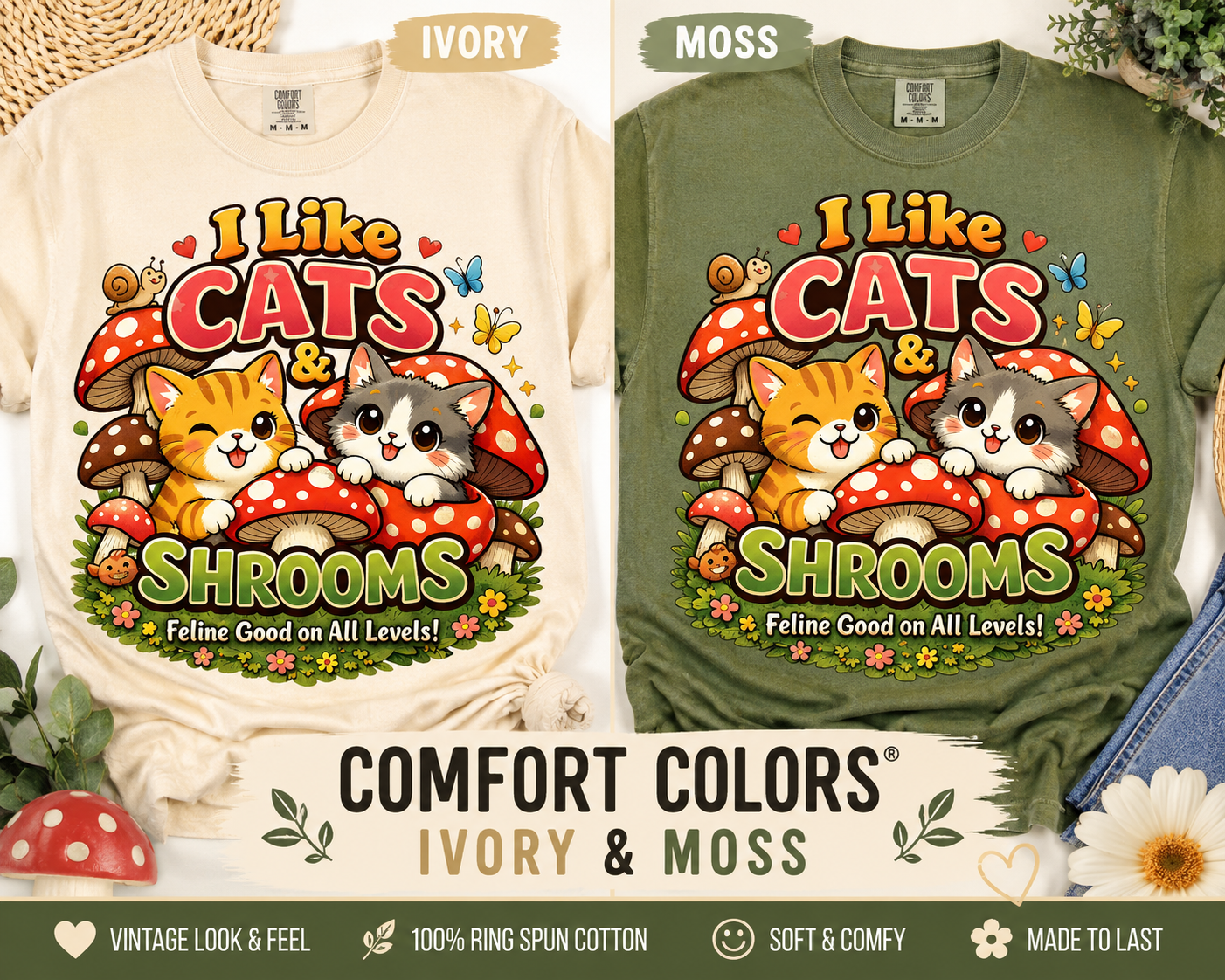 I Like Cats & Shrooms Shirt | Cute Mushroom Cat T-Shirt | Cottagecore Cat Lover Tee | Whimsical Kawaii Graphic Tee | Comfort Colors Shirt