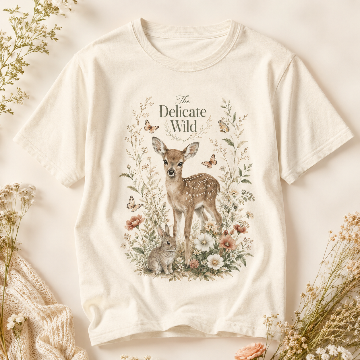 The Delicate Wild Shirt, Fawn Rabbit Butterfly Tee Woodland Animal Shirt, Cottagecore Nature Shirt, Soft Floral Graphic Tee, Boho Wildlife T