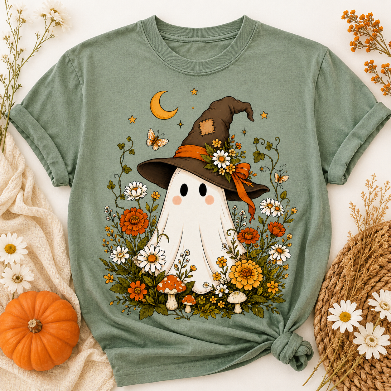 Cute Ghost Halloween Shirt, Cottagecore Ghost Tee, WItch Hat Ghost Shirt, Fall Wildflower Shirt, Spooky Season Comfort Colors Tee
