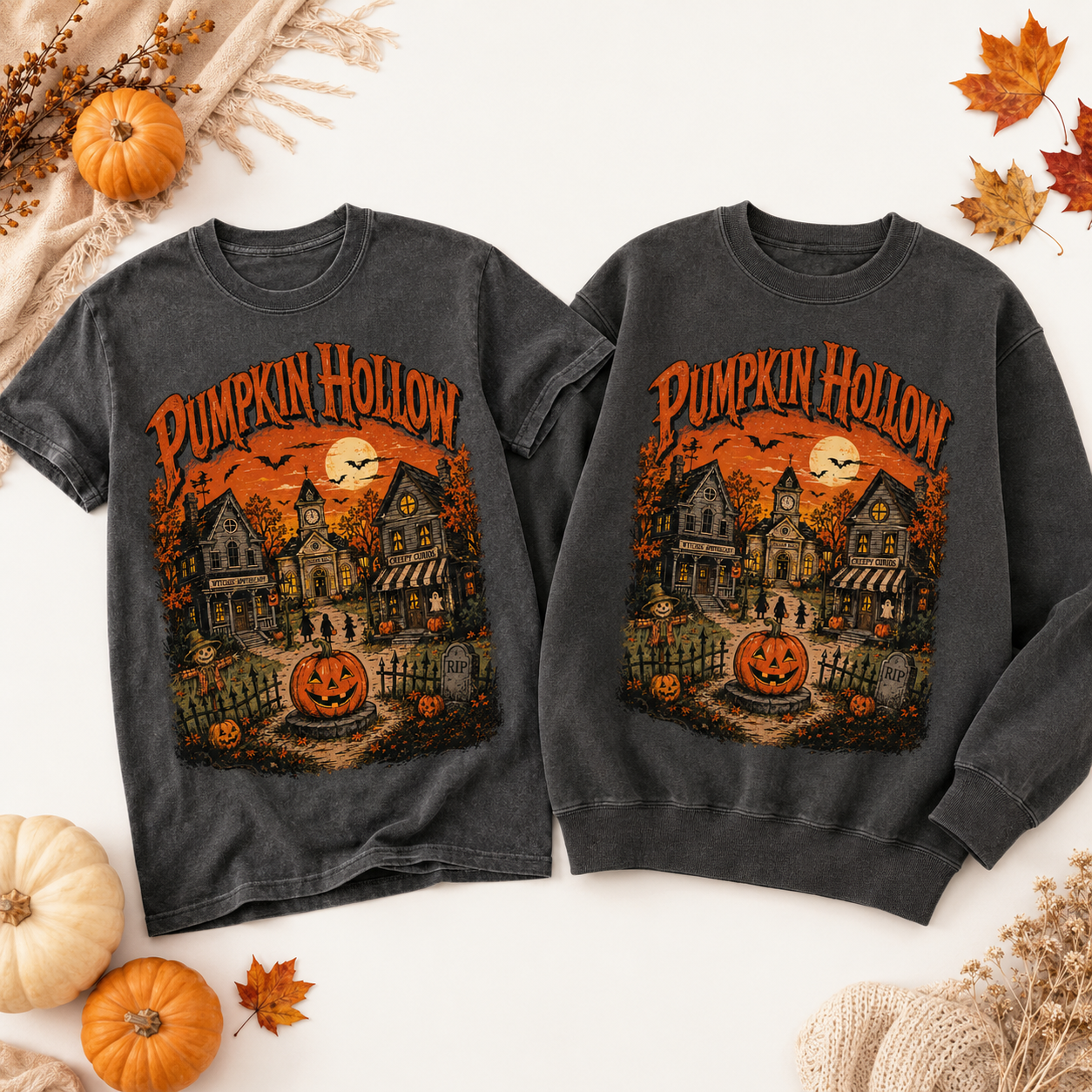 Pumpkin Hollow village scene Sweatshirt | Halloween pumpkin graphic