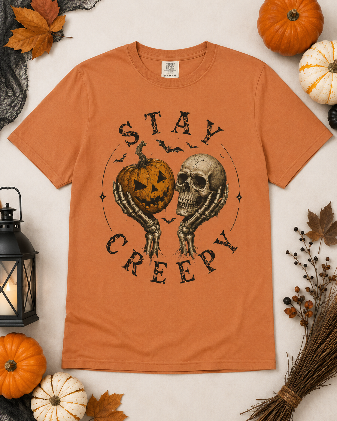 Stay Creepy Shirt, Halloween Pumpkin Skull Tee, Vintage Spooky Graphic Shirt, Jack O Lantern Skeleton Hands Tee, Cute Creepy Halloween Gift