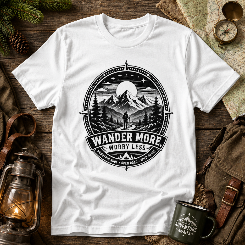Wander More Worry Less Shirt, Mountain Hiking Tee, Adventure Shirt, Outdoorsy Graphic Tee, Nature Lover Gift, Camping Shirt, Hiking Gift