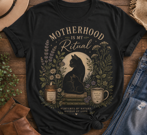 Motherhood Is My Ritual Shirt Witchy Botanical Moon Floral T-Shirt  Cottagecore Spiritual Mom Gift | Black Cat Aesthetic Top